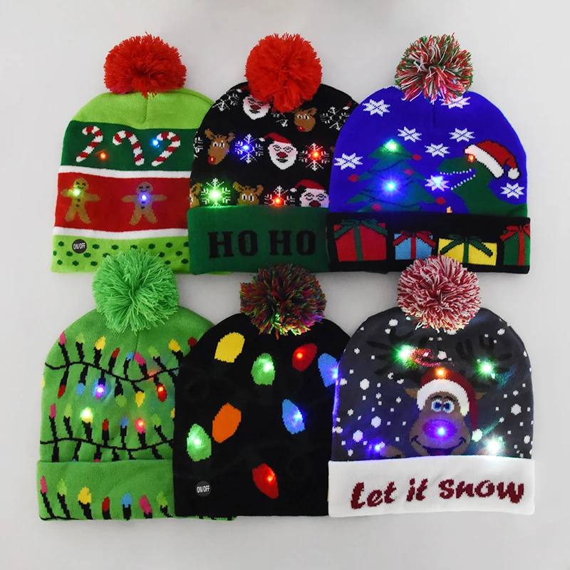 New Christmas Hat with Flashing LED Light Cartoon Santa Claus Snowman Elk Knitted Hat Cap Kids Adults New Year Christmas Gifts