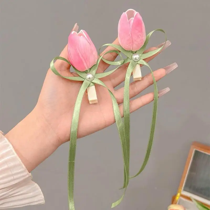 패션 튤립 진주 헤어 클립 실크 리본 덕빌 디자인 우아한 한국식 헤어 액세서리 소녀들을 위한 파티 데일리 선물