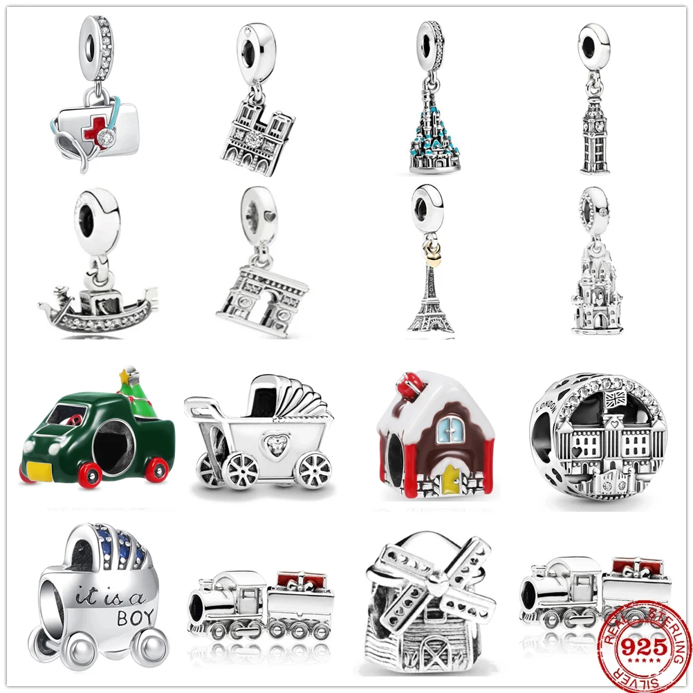 925 Sterling Silver Pendant DIY Baby Carriage Tower Fine beads Fit Original Pandora Charm Bracelet Jewelry For Women Gift beads charms charm jewelry sterling silver jewelry charm bead sterling silver beads