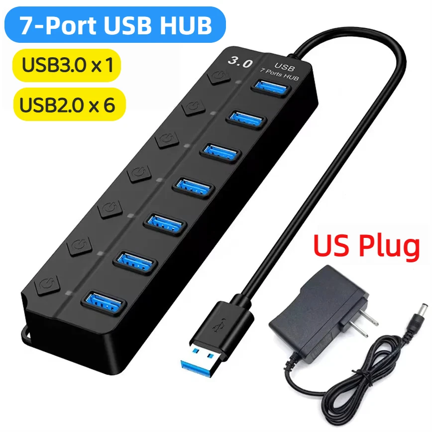 High-Speed 7-Port USB3.0 Hub with Individual Switches and LED Indicators