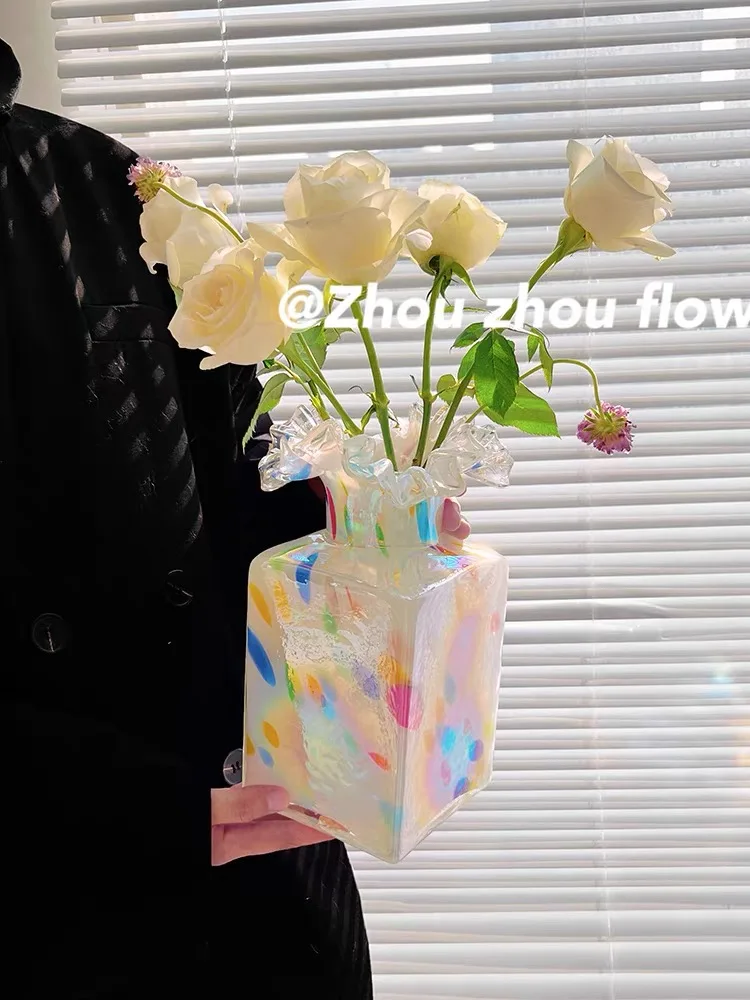 

Light Luxury Square Glass Vase Table Hydroponic Vase Crafts Living Room Home Decoration Flower Rose Arrangement Holiday Gift