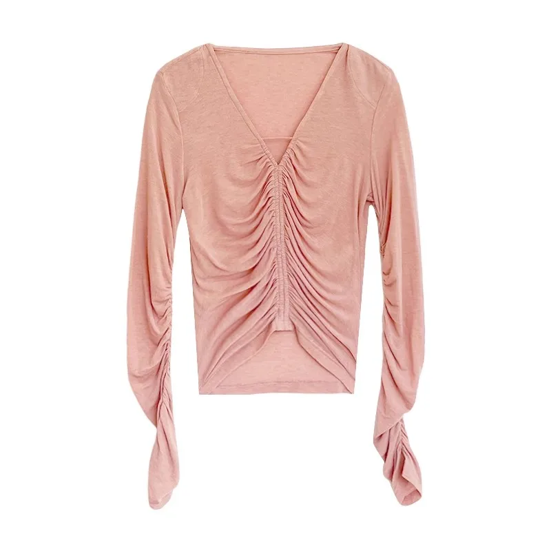 

V-neck pleated design irregular slim fitting summer thin comfortable long sleeved T-shirt