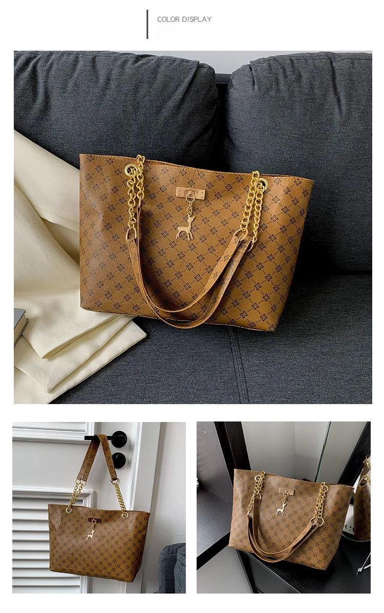 2024 New Large Capacity Bag Women's Bag Fashion Commuting Retro Chain Handheld Shoulder Bag Printed Tote Bag_voghion.com