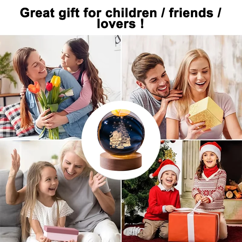 USB 3D Crystal Ball Night Light Santa Claus Engraved Glass Lamp on Wooden Base Christmas Gift for Kids Room Home Decorations