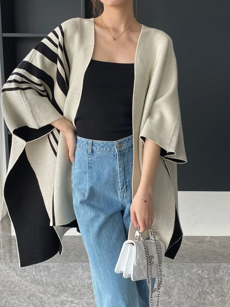 

Raglan Sleeve Split Striped Color Contrast Women Vest Sweater Jacket Irregular Cardigan Waistcoat 2023 Spring Autumn M303