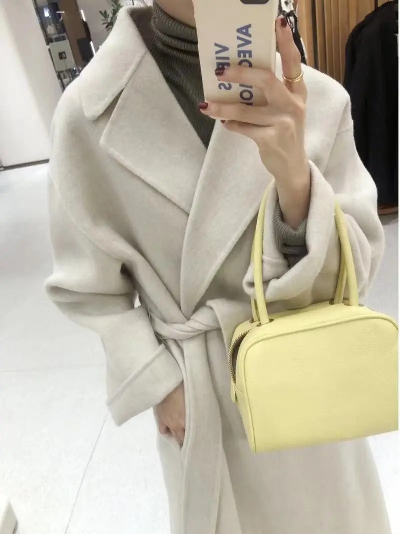 

2022 New Women Elegant Long Woolen Coat With Belt Solid Color Long Sleeve Chic Outerwear Ladies Overcoat