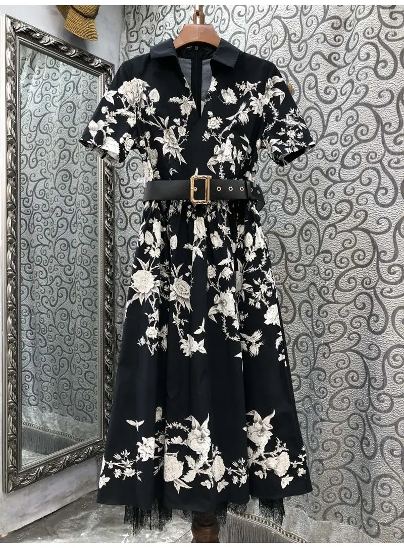 

100%Cotton Dress 2023 Spring Summer Style Women Turn-down Collar Vintage Floral Prints Belt Deco Short Sleeve Mid-Calf Dress