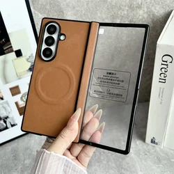 Luxury Tempered Glass Screen Protector with Classic Leather Magnetic Cover - Galaxy Z Fold4 (Brown)