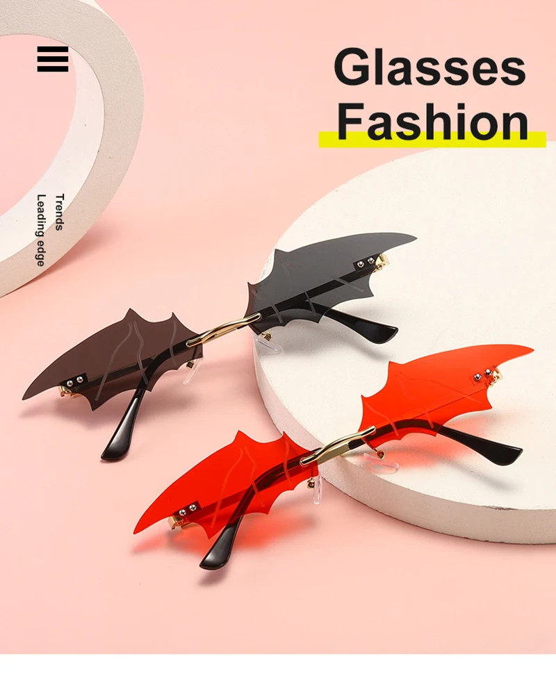 Óculos de sol morcego feminino sem aro tendência eyewear_voghion.com