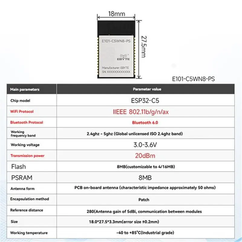 ABDE-E101-C5WN8-PS ESP32-C5 2.4G& 5G 듀얼 밴드 Wi-Fi 6 모듈 8M 플래시 블루투스 6.0 20Dbm 무선 통신 모듈