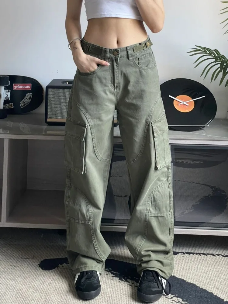 HOUZHOU Y2K Green Cargo Jeans Women Vintage 90s Streetwear Wide Leg Denim Pants High Street Harajuku Multy Pockets Trousers