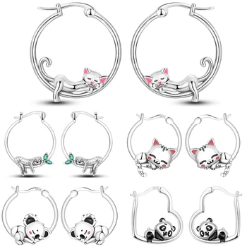 925 Sterling Silver Cute Lazy Cat Animal Pet Earrings Jewelry Hoop Earrings For Women Jewelry Birthday Party Fine Gifts 1