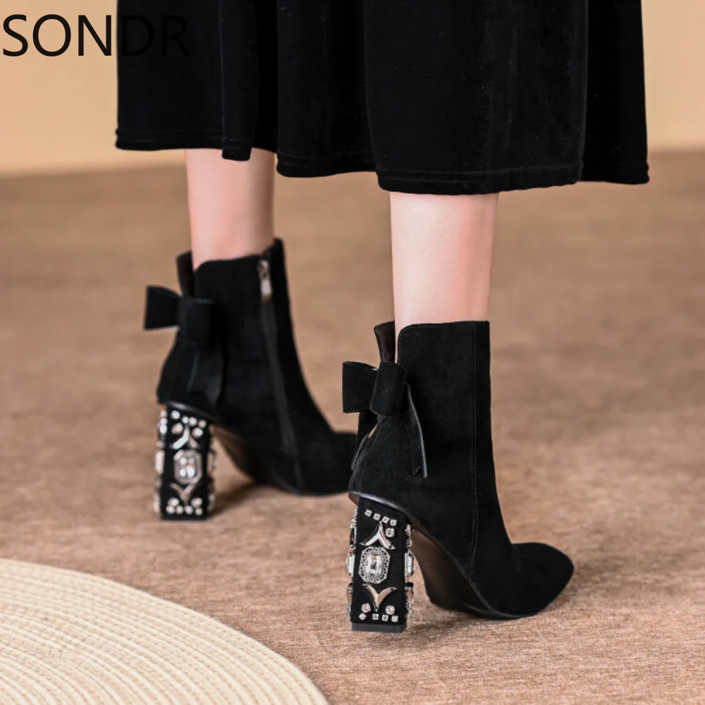 

Womens Round Toe Genuine Leather Bowknot Ankle Boots Block Diamonds Crystal Heel Shoes Black Plus Size