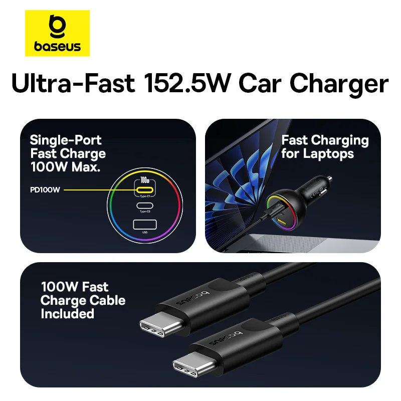 Baseus Car Charger 100W Fast Charging USB Type