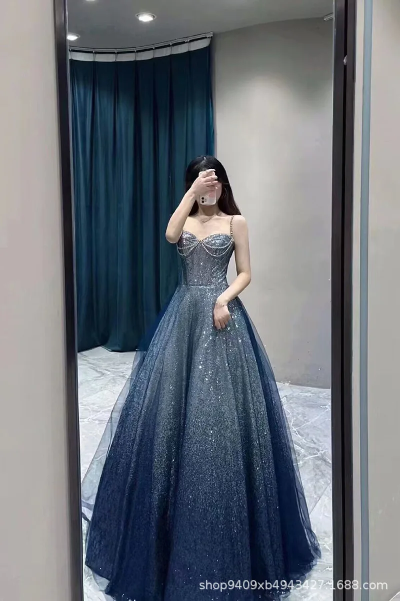 

Navy Blue Sequin Evening Dresses Sleeveless Strapless Spaghetti Strap Slim Princess Women Formal Cocktail Party New Prom Gowns
