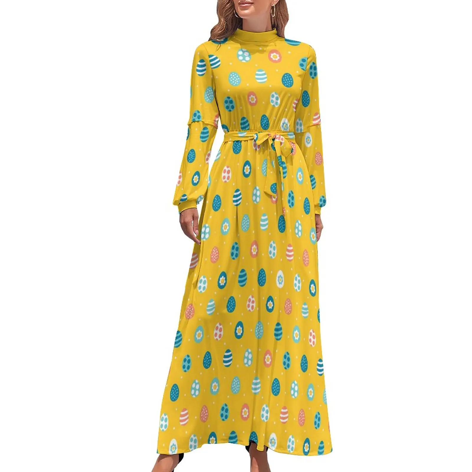 

Easter Day Dress High Waist Colorful Eggs Print Design Beach Dresses Long Sleeve Street Wear Long Maxi Dress Vintage Vestido