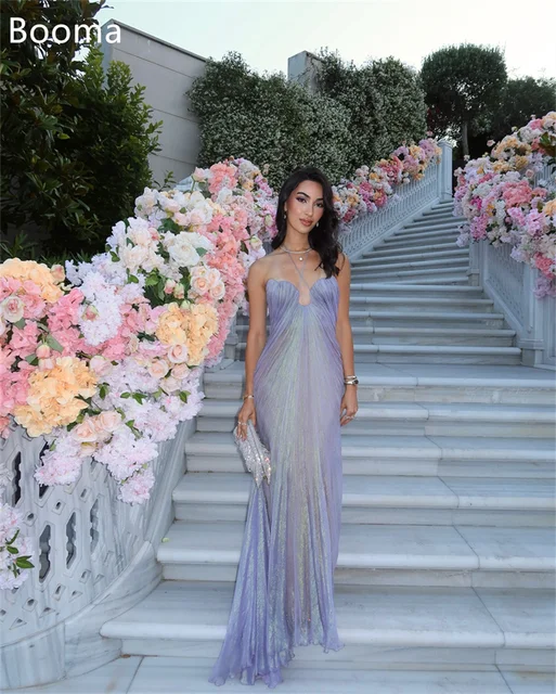 Booma Shiny Mermaid Backless Evening Dresses Formal Party Gowns for Women Pleat Long Sleeveless Prom Gown Customize 5