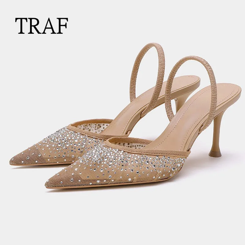 TRAF-Sandalias de tacón alto con diamantes de imitación para mujer, zapatos de fiesta elegantes, de malla, a la moda, para verano, 2024