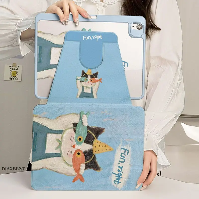 360-Degree Rotating Stand Cover with Fishing Kitten Print