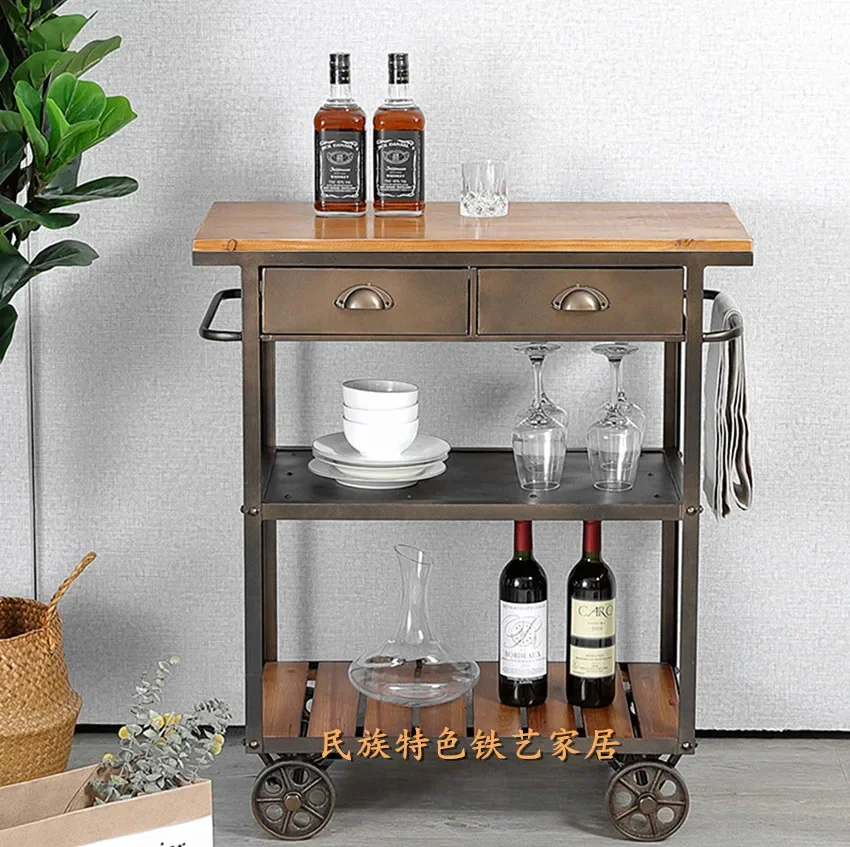 American retro solid wood wrought iron movable with wheels, side cabinet, dining cart, restaurant dining table, kitchen cooking