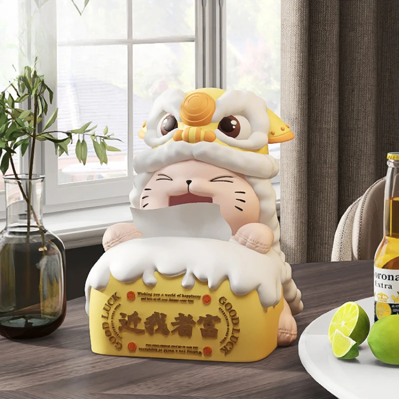 National tide lion awakening beckoning cat tissue box ornaments, living room household high-end high-value paper box
