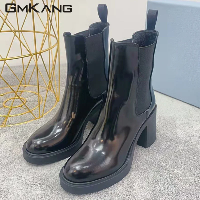 2023 New Chunky Heels Short Boots Woman Genuine Leather Round Toe Chelsea Boots Ladies High Heels Ankle Boots Women Booties