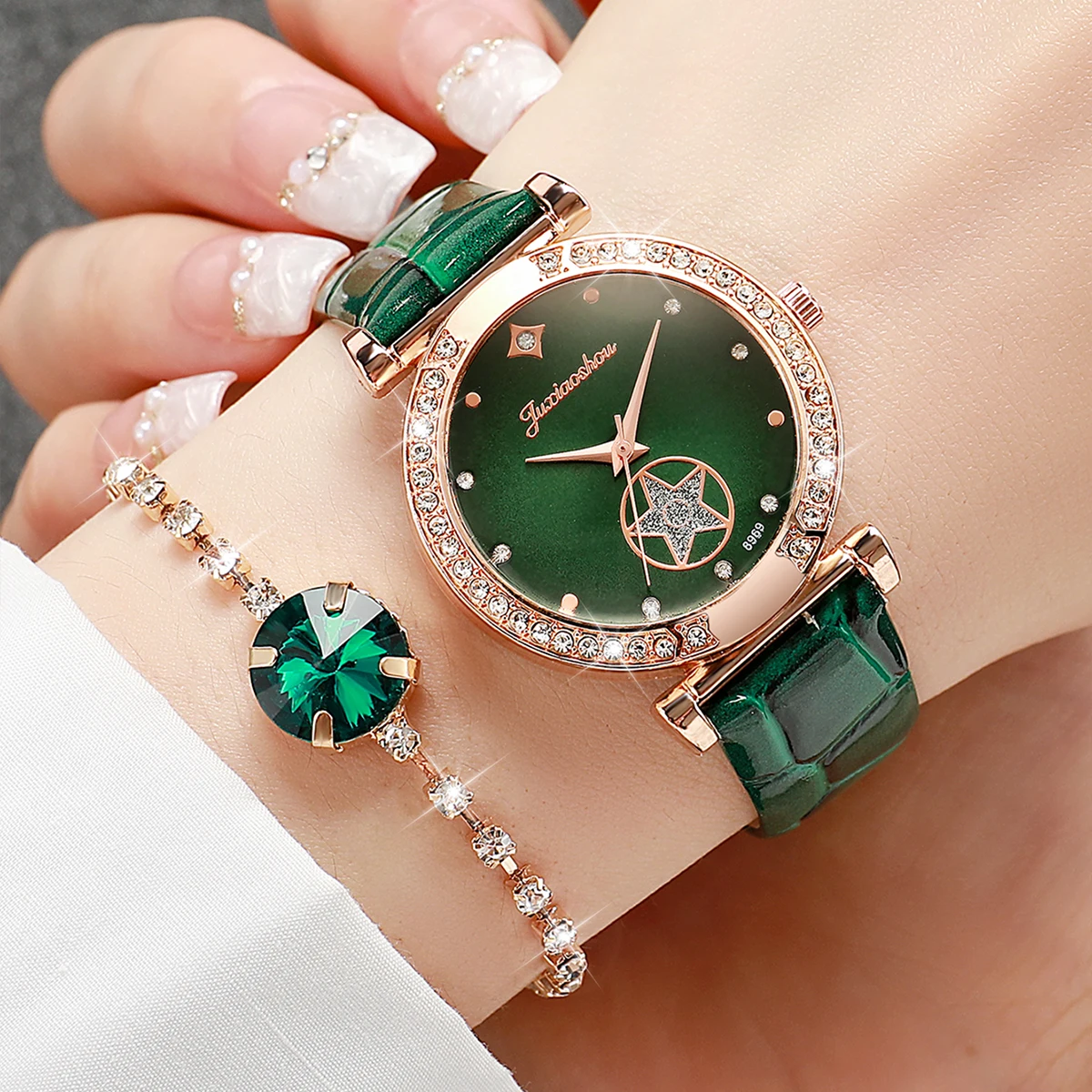 6pcs/set Women Green Leather Strap Quartz Watch with Diamond Jewelry Set