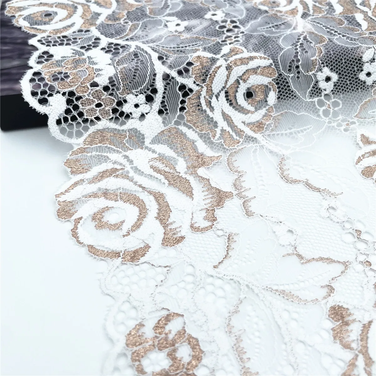 3y/lot Width 9 1/4 inch 23.50cm White With Rose Gold Elastic Lace Trim 2