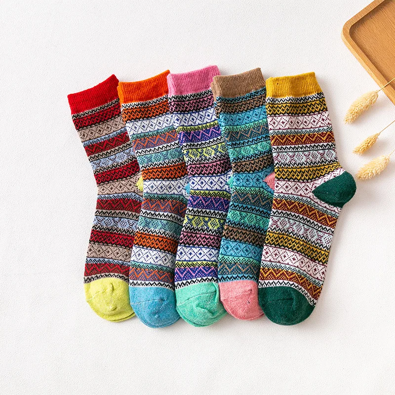 

5 Pairs Winter Autumn New Warm Thicken National Style Women's Wool Medium Tube Socks Wholesale