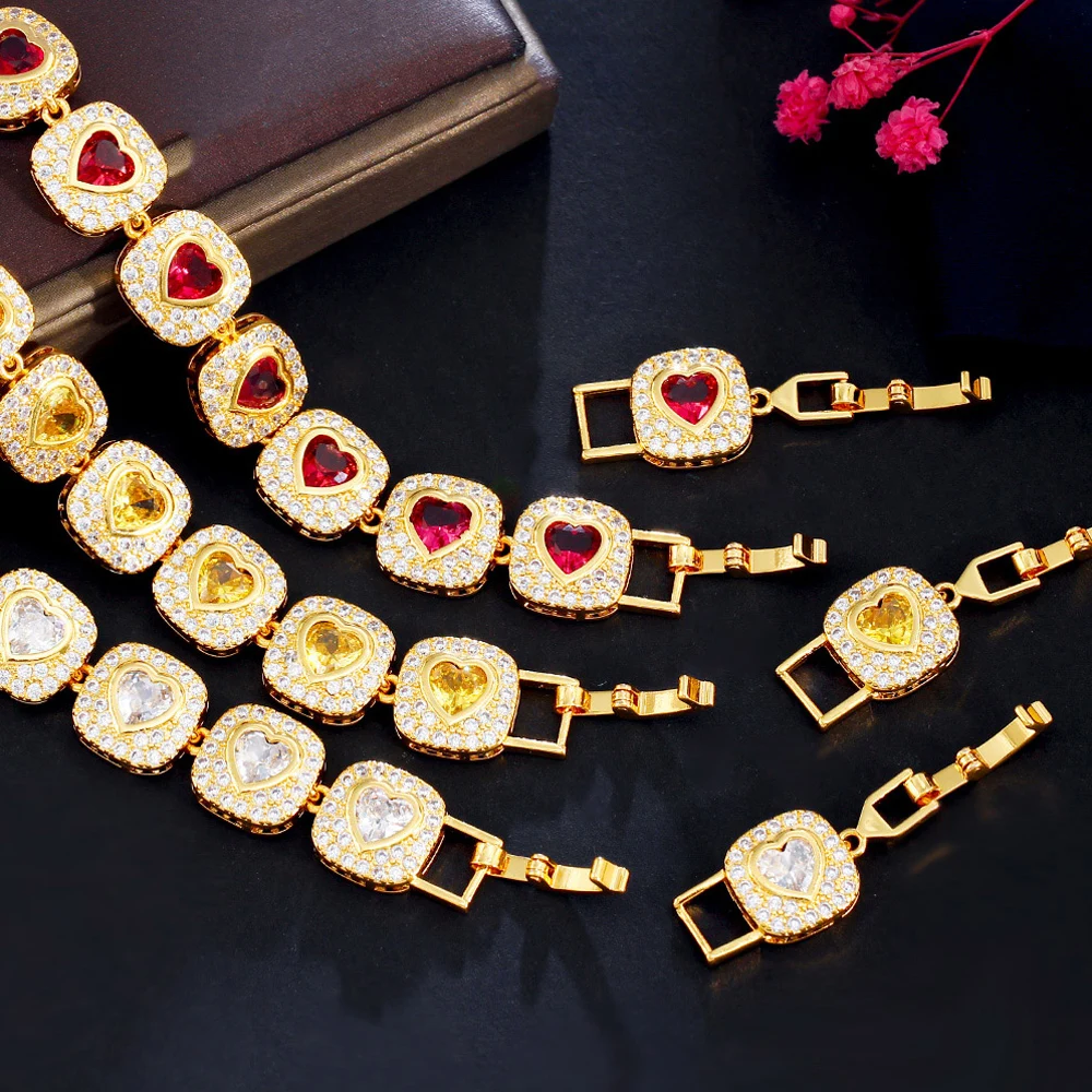 ThreeGraces Shining White Cubic Zirconia Gold Color Luxury Love Heart CZ Tennis Bracelet for Women Fashion Hip Hop Jewelry BR250