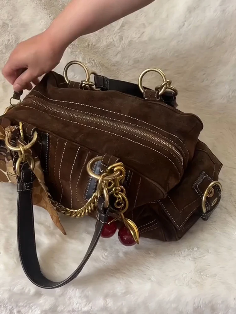 Suede Crossbody Shoulder Bag Women Vintage Boston Bowling Tote Bag Retro Pleated Versatile Commuter Zipper Square Handbag