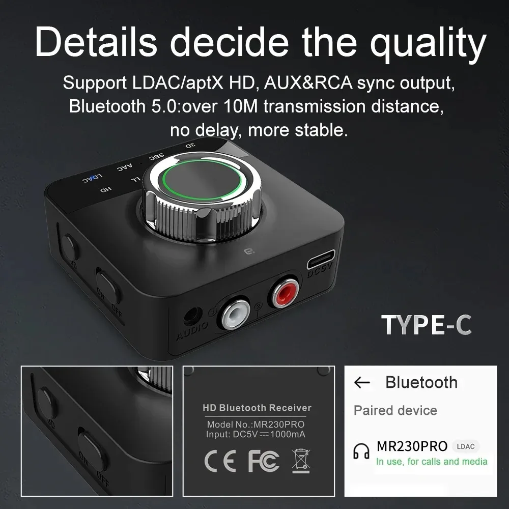 AYINO MR230 PRO LDAC Bluetooth Wireless Audio Receiver Adapter Mic RCA 3.5m Jack Aux 3D Stereo aptX HD For TV Car Speaker