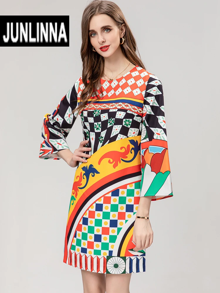 

JUNLINNA Fashion Runway Autumn Dress Women O-Neck Retro Printing and Crystal Beading High Street Vestidos