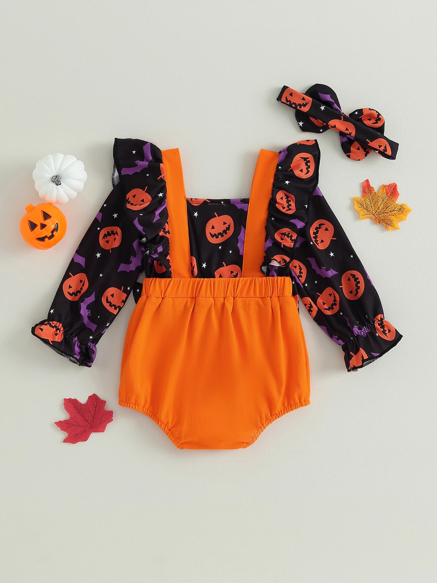 

Baby Boys Ghost Print Romper Long Sleeve Round Collar Ruffle Infant Halloween Jumpsuit with Hat