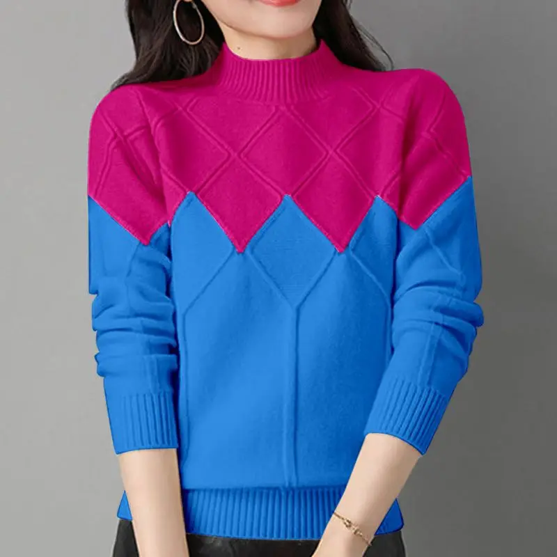 

Fashion Spliced Loose Knitted Color Sweater Women's Clothing 2023 Autumn New Casual Pullovers Fake Two Pieces Tops