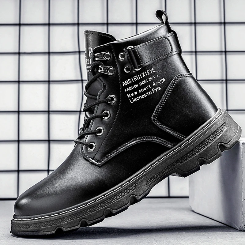 Waterproof Men's Boots Fashion Platform Male Ankle Boots Lace-up Leather Men Boots Outdoor PU Winter Shoes Round Toe Shoes 2023
