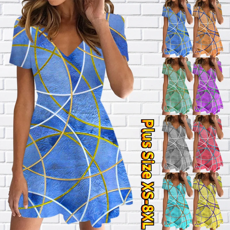 

V Neck Short Sleeve Women's V Neck Fashion Print Sleeve Dress A-Line Short Dress Plus Size Summer Swing Mini Cute Short Dress