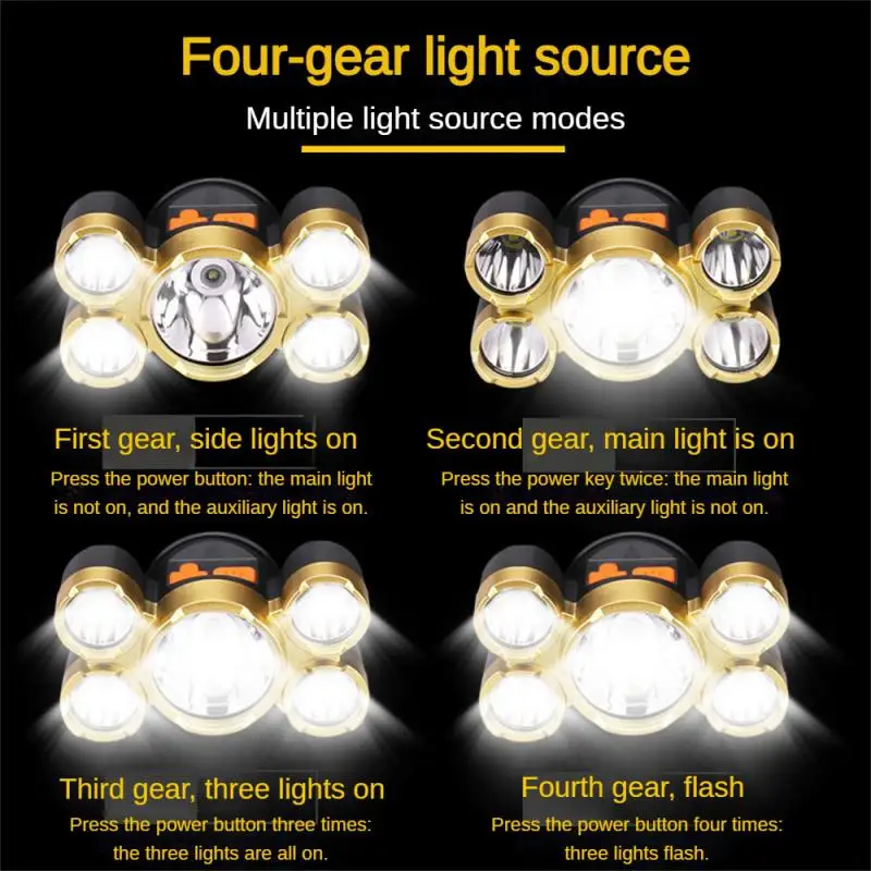 

Strong Headlamp Breathable Light Strip Charge Induction Flashlight Outdoor Five Headlights Portable Lighting Gas Miners Lamp Led