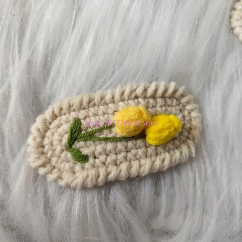 R6FD Niedliche und lustige Woll-Haarspange mit gestrickten Blumen, Häkelblumen-Haarspangen, bunte Haarnadel, einzigartiger für – Detail 7