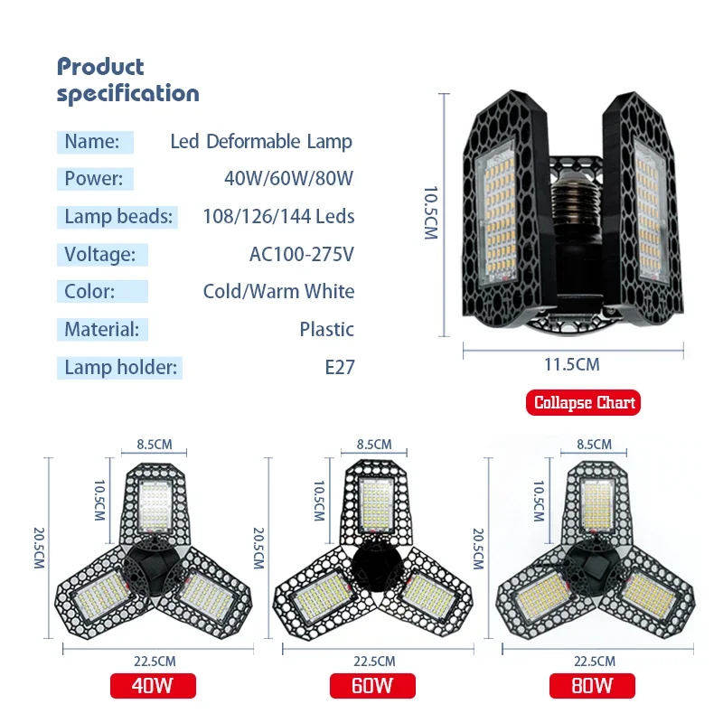 LED Deformation Folding Lamp E27 Screw Three-Leaf Bulb 40W 60W 80W Celiing Light Wide Pressure AC 110V 220V Led Garage Light