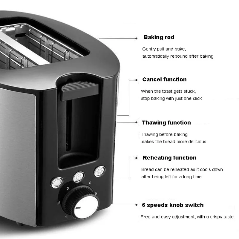 Stainless Steel Electric Electric Toaster 2 Slices Wide Slot 6 Gears Baking Flavor 750W Cancelable Auto Off Bread Maker 5