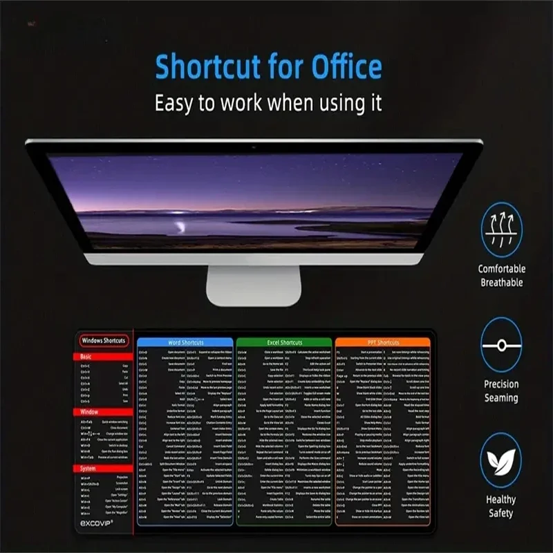 사무실 단축키 마우스 패드, 대형 확장 엑셀 파워포인트 워드 소프트웨어, 게이밍 데스크 키보드 마우스 패드, 스티치 엣지, 1 개