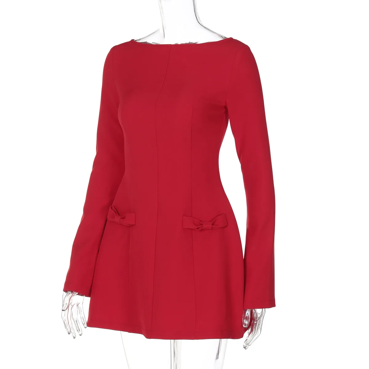 JULISSA MO Round Neck A-line Bow Women Dress Red Long Sleeve High Waist Dress Female Autumn Winter Slim Elegant Streetwear 2025