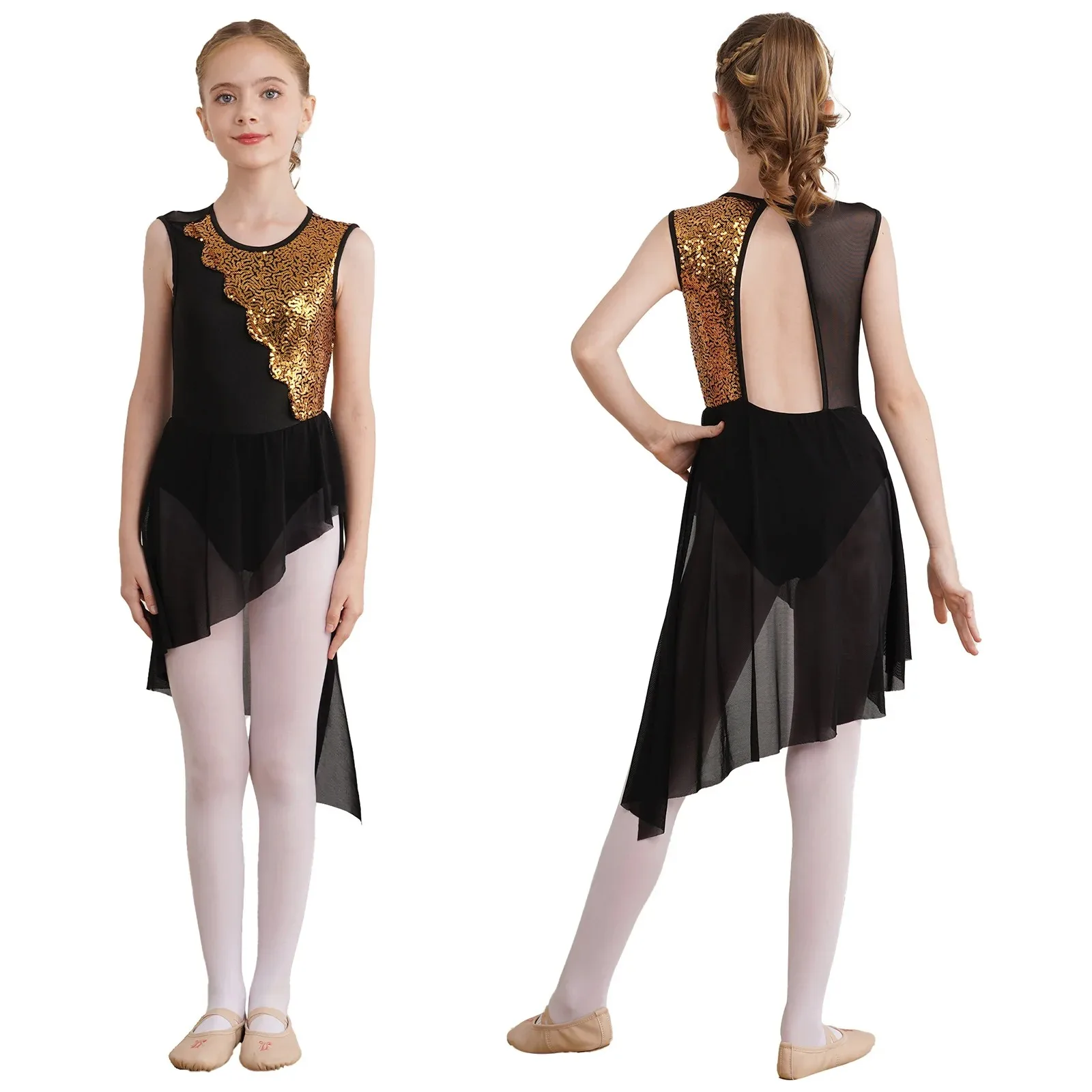 

Ballet Dance Dress Kids Girls Shiny Sequins Sleeveless Round Neck Hollow Back Figure Ice Skating Dress Stage Performance Costume