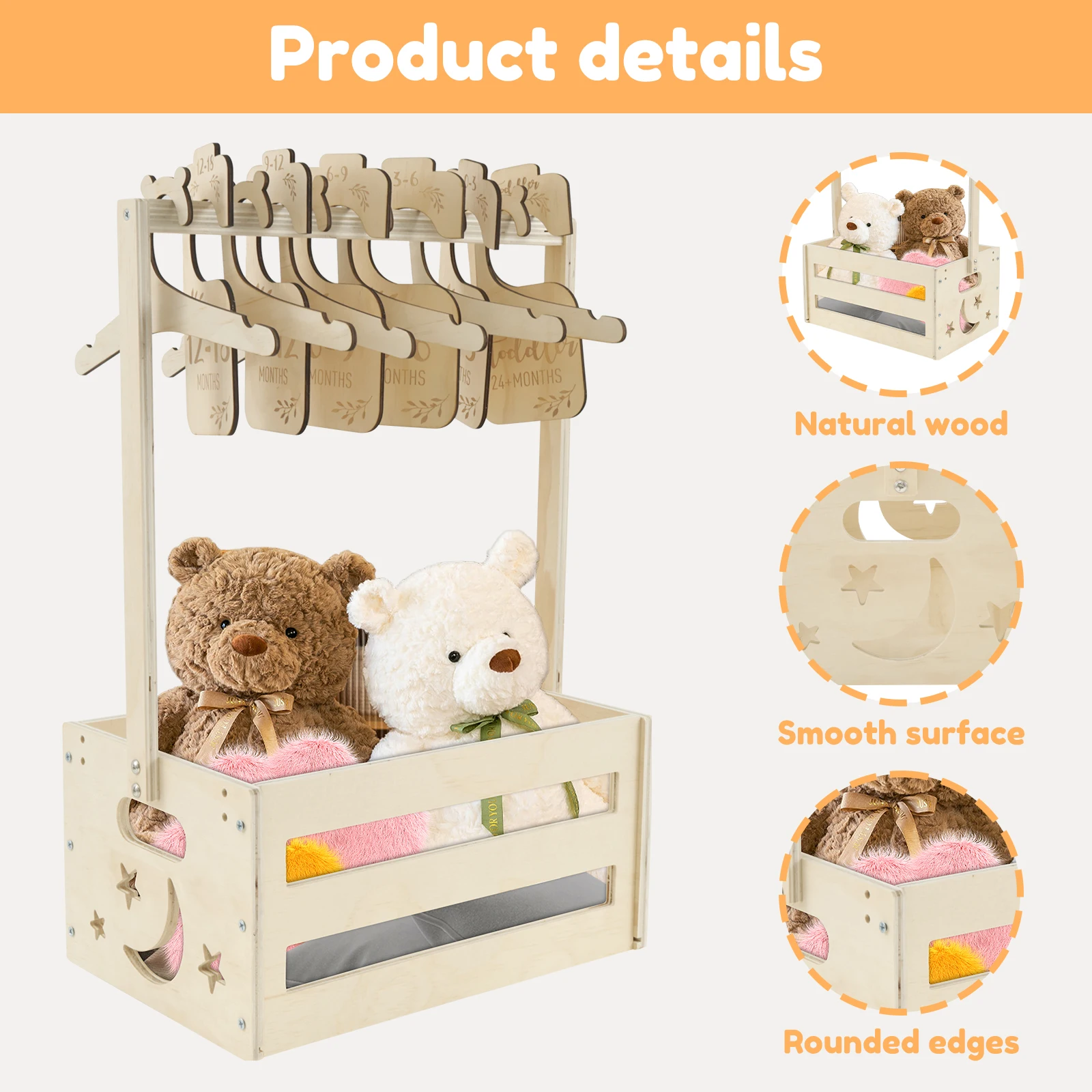 Wood Baby Shower Basket Adjustable Handle Baby Shower Crate Closet Pretty Versatile Baby Shower Gifts Basket for New Born Baby 6