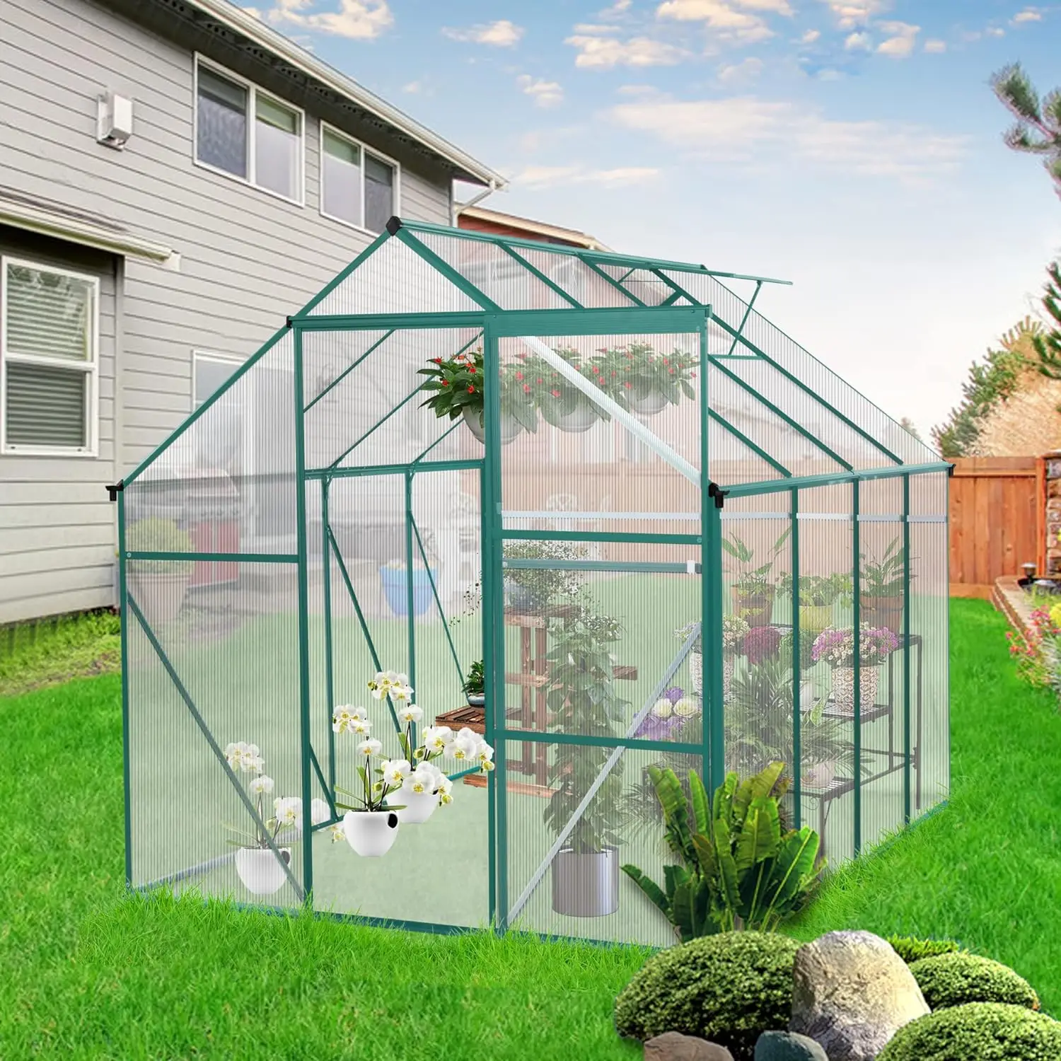 

6x8Walk-in Greenhouses,Storage Shed with Sliding Doors&Adjustable Roof Vent,Aluminum SunroomHot House forOutdoor Garden Backyard