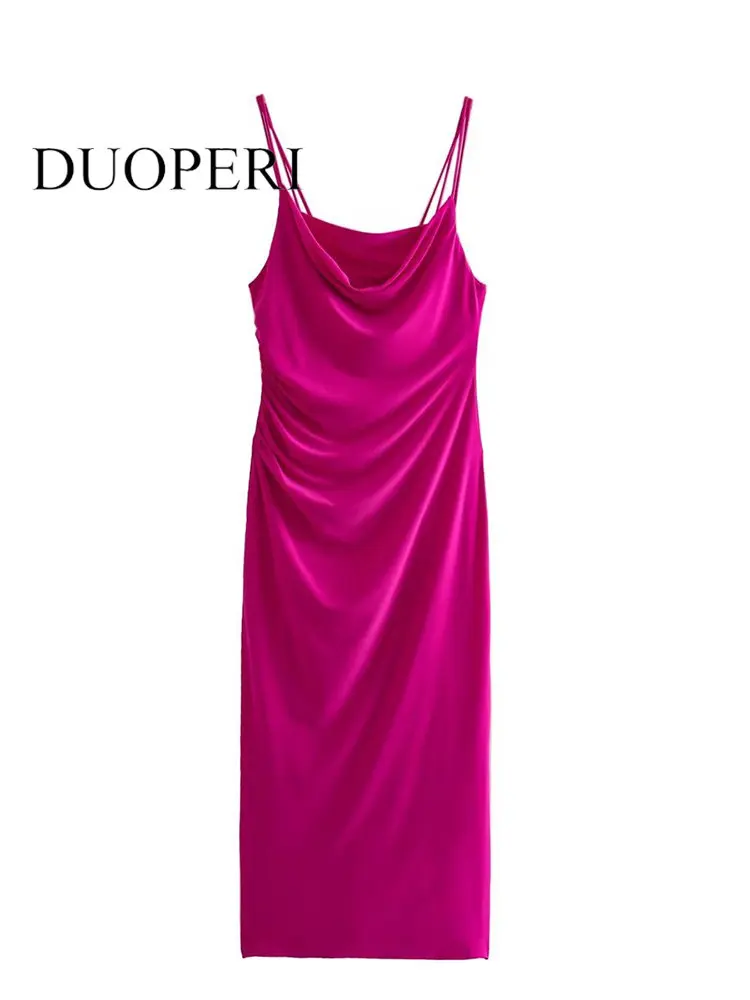 

DUOPERI Women Fashion Rose Red Pleated Backless Midi Dress Vintage Thin Straps Swinging Collar Female Chic Lady Dresses