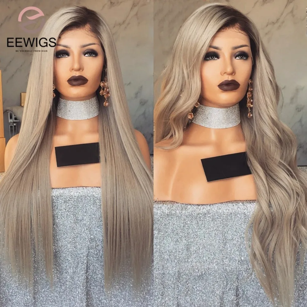 

EEWIGS Ombre Ash Blonde Synthetic Lace Front Wig with Baby Hair Heat Resistant Long Straight Brown Wavy Wigs for Women Glueless