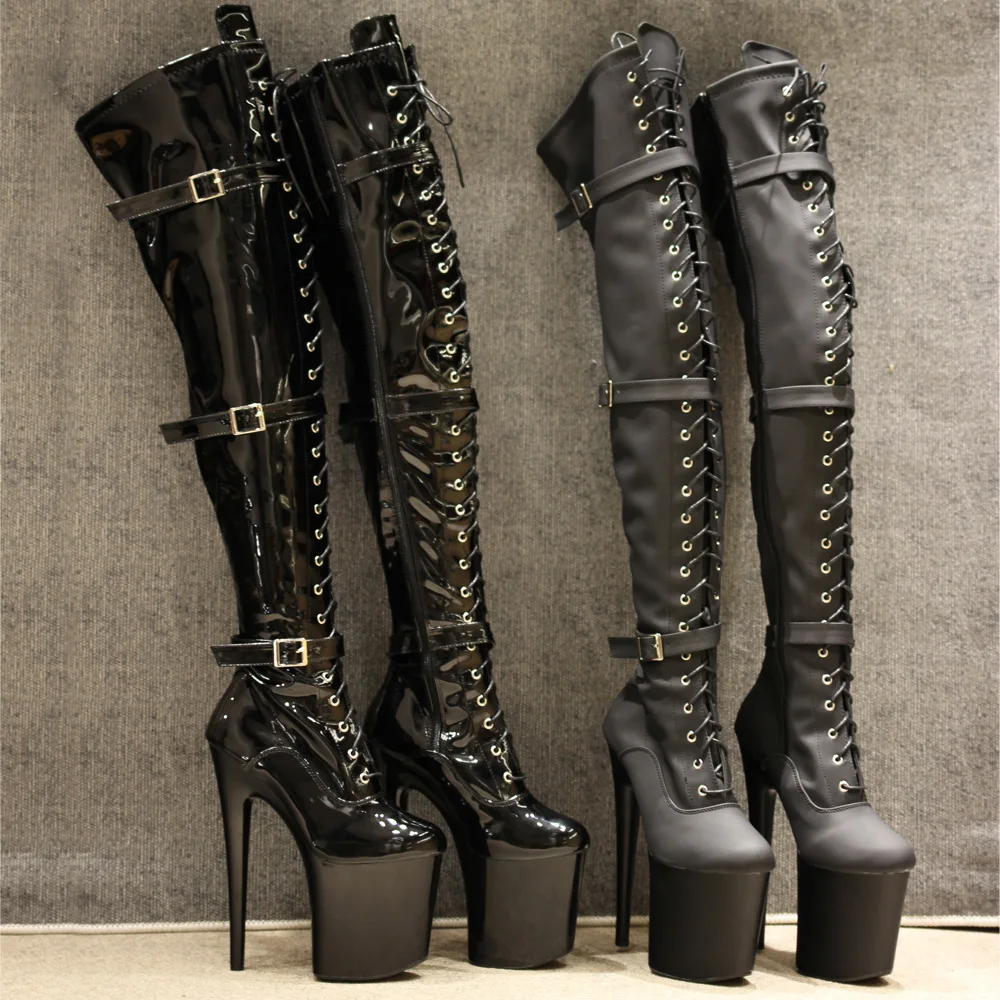 8 inch High Heel Platform Exotic Pole Dancing Lace-Up Overknee Fetish Boots Size36-43 Black Shiny Matt In Stock ping