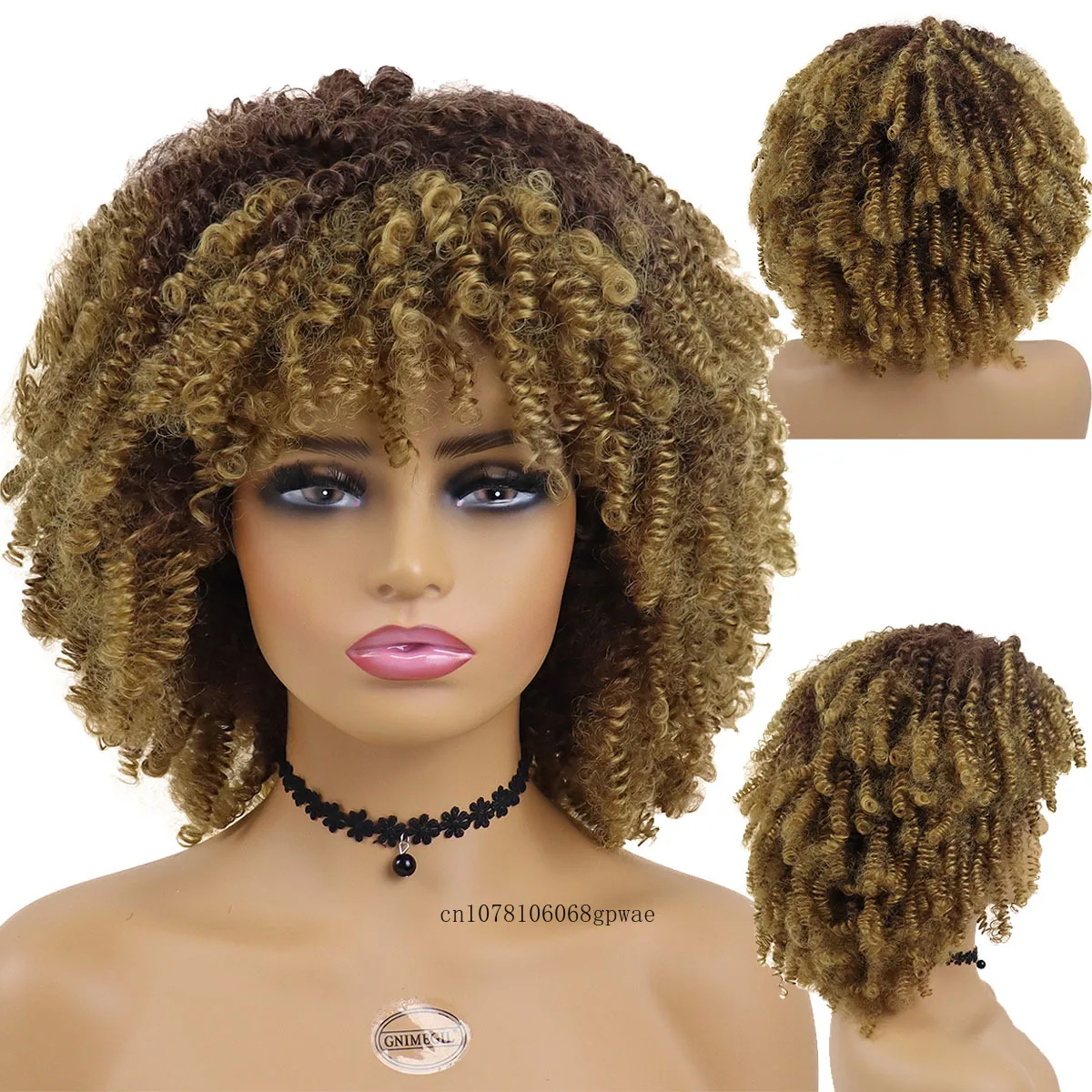 

Short Afro Kinky Curly Wigs for Women Ombre Blonde Wig with Bangs Natural Fluffy Elastic Hairstyle Afro Wig Ladies Cosplay Party